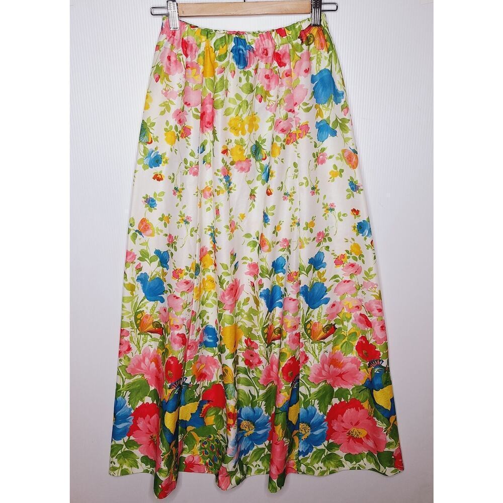 Vintage 70s Adelaar Floral Botanical Maxi Skirt Boho Colorful Peacocks Butterfly - Picture 8 of 9